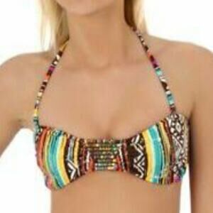 Hobie multi print embellished gathered adjustable bikini top SIze Large NEW